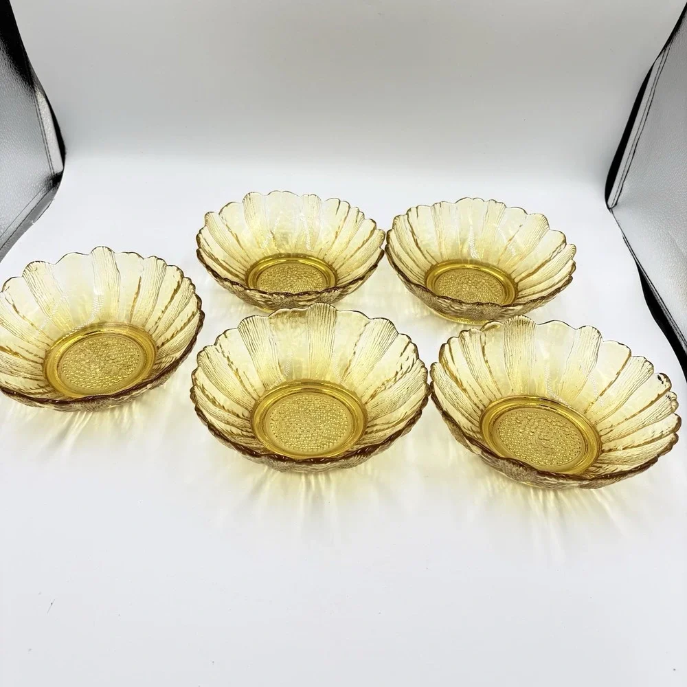 Vtg Indiana Glass Textured Amber Sunflower  Bowls‎ 6